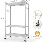 Heavy Duty Rolling Clothes Rack,Load 693LBS Clothing Racks for Hanging Clothes,Free Standing Closet Organizers and Storage Garment Racks with Wheels,Rods,Side Hooks,76"h x 45"w x 16"d