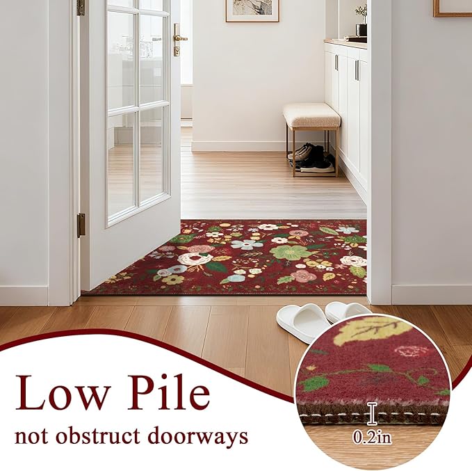 U'Artlines Colorful Floral Indoor Door Mat Entrance Rug 2'x3'Soft Non Slip Machine Washable Red Christmas Area Rug Small Carpet for Entryway Kitchen Bathroom Bedroom (Red)