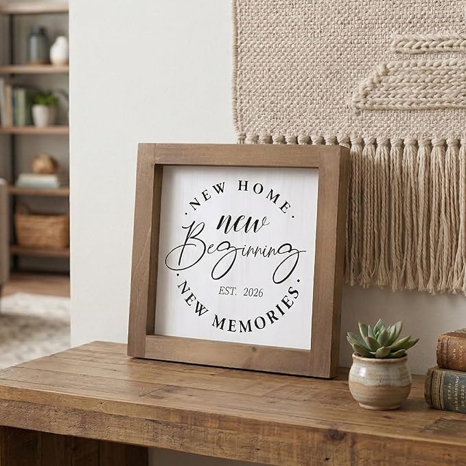Wooden New Home New Beginnings New Memories Sign, 2026 House Warming Gifts Ideas for Homeowner, Apartment Housewarming Decorations for Indoor Table Shelf Wall Art Tiered Tray Mantel Entryway