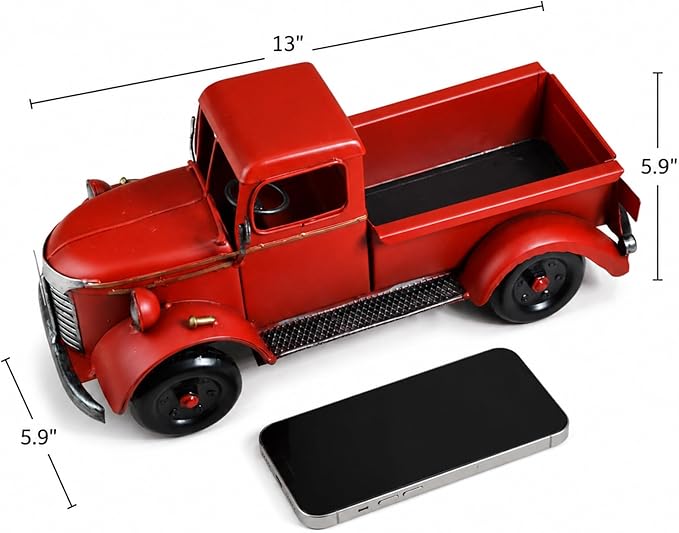 Vintage Red Metal Truck Decoration - 13 Inch Christmas Farmhouse Centerpiece, Rustic Holiday Table Decor for Home Office Mantel, Antique Pickup Collectible
