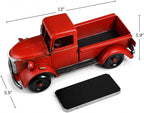 Vintage Red Metal Truck Decoration - 13 Inch Christmas Farmhouse Centerpiece, Rustic Holiday Table Decor for Home Office Mantel, Antique Pickup Collectible