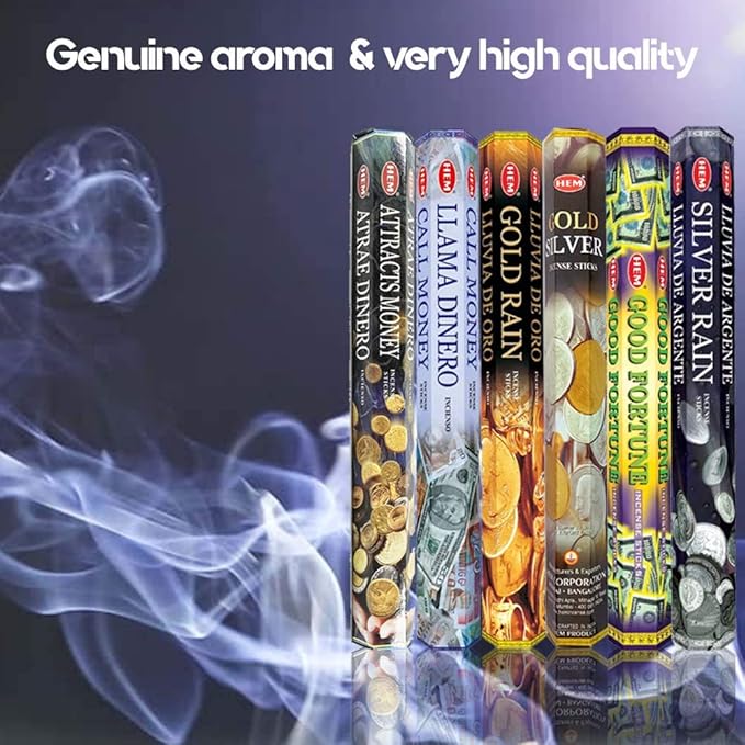 HEM Assorted Incense Sticks – Attracts Money, Call Money, Gold Rain, Gold Silver, Good Fortune & Silver Rain – Pack of 6 – Premium Aromatherapy for Prosperity, Meditation & Home Fragrance.