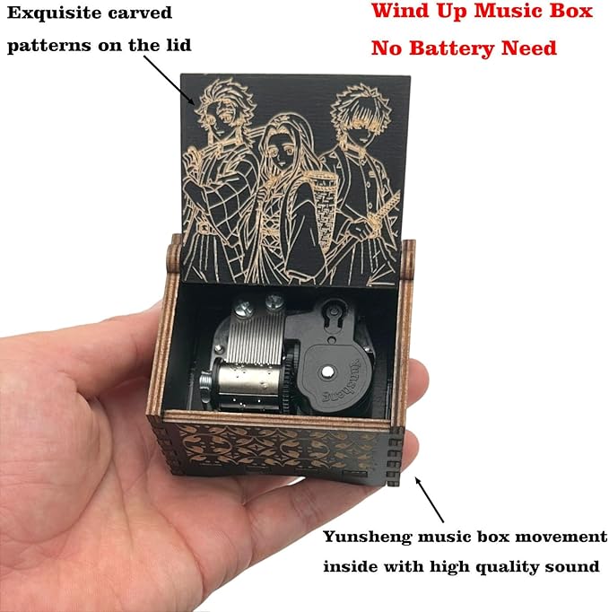 Pursuestar Black Wooden Wind Up Music Box - DemonSlayer Merch, Vintage Engraved Wood Mechanism Musical Gifts for Anime Fans Son Daughter Boys Christmas Birthday
