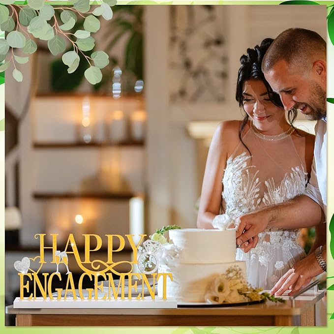 Teenyyou Happy Engagement Sign Gold Engagement Table Decor Metal Centerpiece with Wooden Base Home Desk Decor Tabletop Ornament Elegant Blessing Gift for Bride and Groom Wedding Shower Ceremony Party