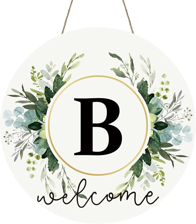 Monogram Letter B Wreaths for Front Door Wreath Wooden Welcome Sign for Front Door Decor Floral Family Last Name Initial House Warming Spring Summer Porch Rustic Wall Home Kitchen Boho Decorations