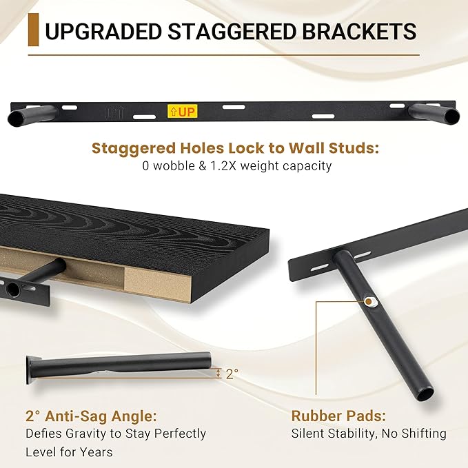 Vivelove Black Floating Shelves for Wall 48 Inches Wide, 12" Deep Wall Shelves for Bedroom, Bathroom, Living Room, Kitchen, Office, Home Decor Shelf with Invisible Brackets, 48X12X1.5 Set of 2