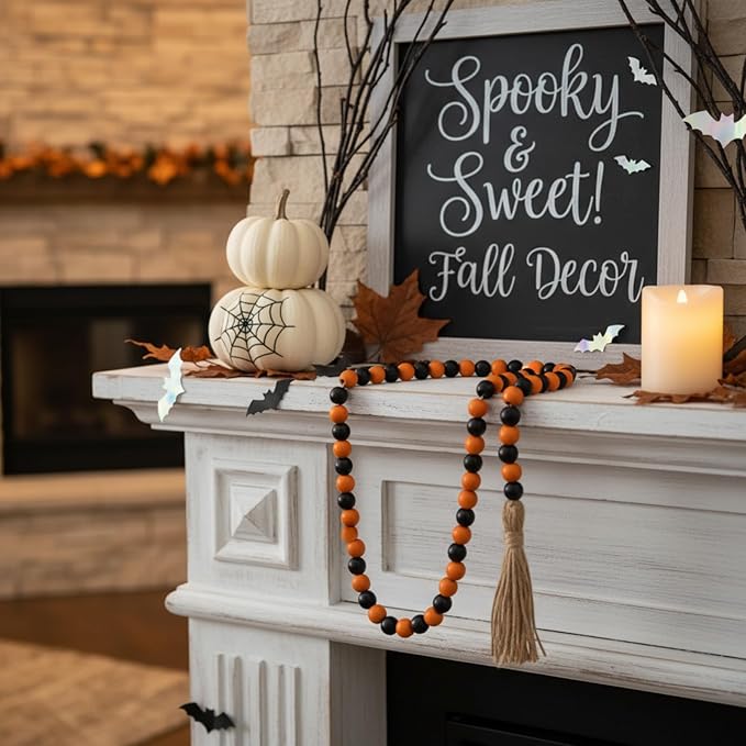 Equsion Seasonal Wooden Bead Garland with Tassels, 3.3 ft Holiday Vintage Boho Bead Garland Easter Tray Decoration, Vase Wall Room Art Birthday Party Decoration(Black, Orange)