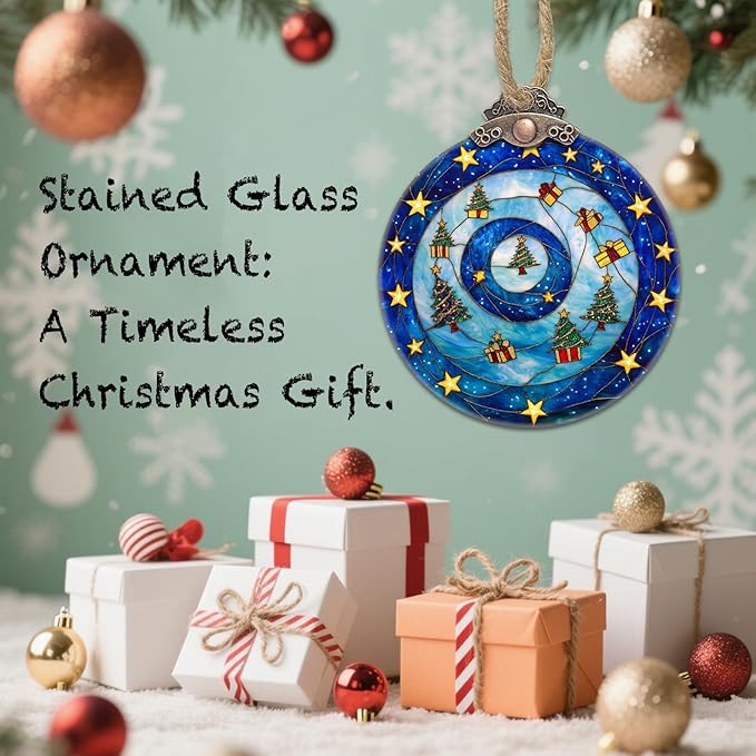 DASTOLL Stained Glass Christmas Decorations, Blue and Gold Star Gift Box Suncatcher for Window Christmas Tree Hanging Ornaments Sun Catcher Xmas Decor Gifts for Women Men Mom Nana Friend