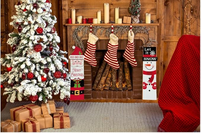 Christmas Wooden Vertical Hanging Wall Signs 2-pack Snowman Christmas Front Door/Wall Decor Santa Farmhouse Sign 23.5 x 7 x 3.5 Christmas Hanging Decoration