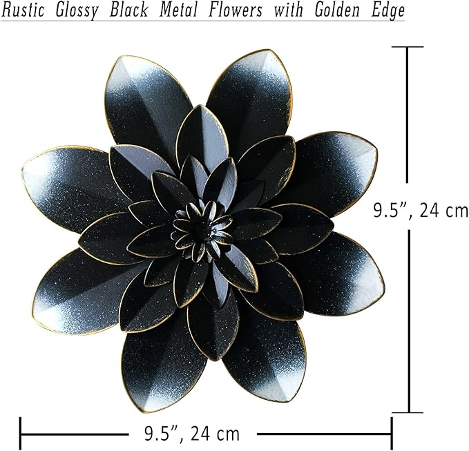 Black Metal Flower Wall Art Decor, 9.5“ Rustic Modern Floral Sculpture, Distressed Hanging Home Decoration Accent Artworks for Indoor Bedroom Living Room Office Outdoor Garden Patio