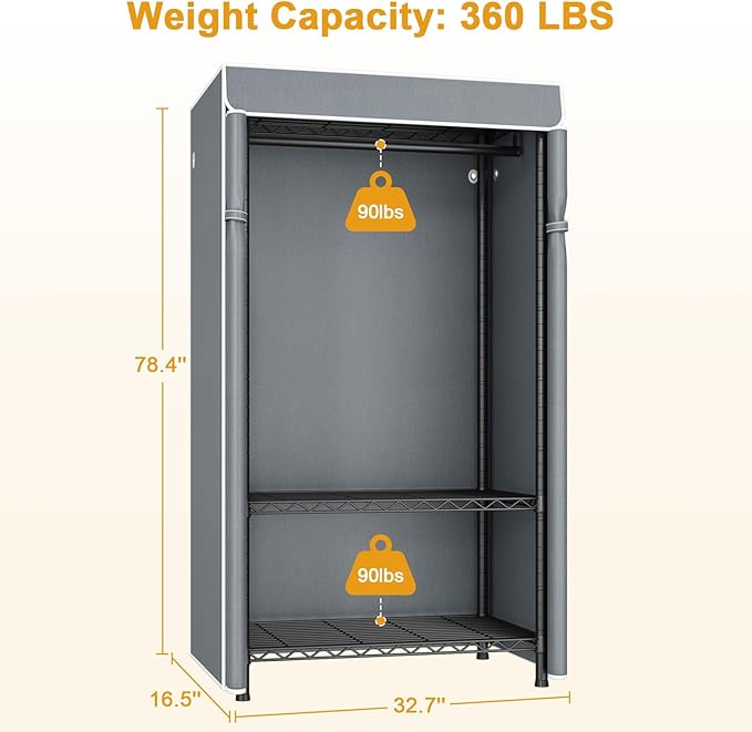 H5C Clothes Rack with Cover, Portable Closet for Hanging Clothes, Covered Clothing Racks Heavy Duty, Freestanding Garment Racks with Shelves, Max Load 360LBS Black Closet Rack with Gray Cover