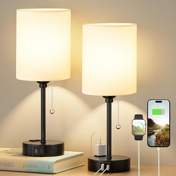Bedside Table lamp for Bedroom Set of 2 - 3 Color Temperatures Small Lamps with USB C and A Ports, Pull Chain Table Lamps with AC Outlet, White Nightstand Lamps with Black Metal Base for Kids Reading