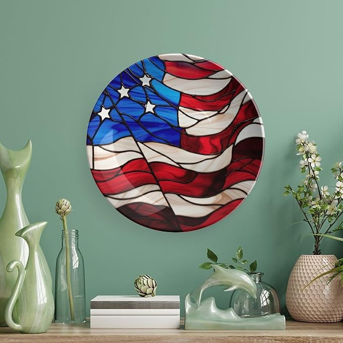Decorative Plates for Wall Hanging, Blue Red USA Flag Stained Glass Painting Ceramic Plate w/Display Stand, Home Decor for Kitchen Cabinets, Farmhouse Round Tray 6 Inch, Gift for Patriotic