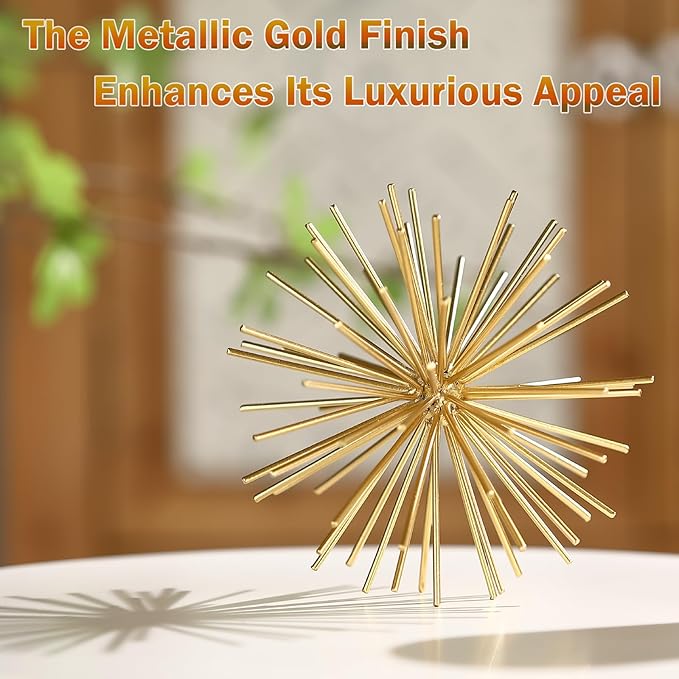 Metal Decorative Starburst Ball, 6 Inch Gold Sphere Decor, Spiky Star Burst Tabletop Sculpture, Mid-Century Modern Metal Spike Ball for Home, Living Room, Office & Shelf Decor