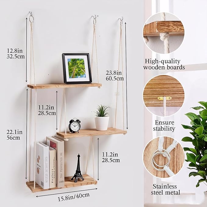 3-Tier Boho Hanging Shelves for Wall - Rustic Floating Wood Shelves with Rope, Macrame Plant Shelf Organizer for Home Decor - Farmhouse, Bohemian Style for Bedroom, Bathroom, Kitchen