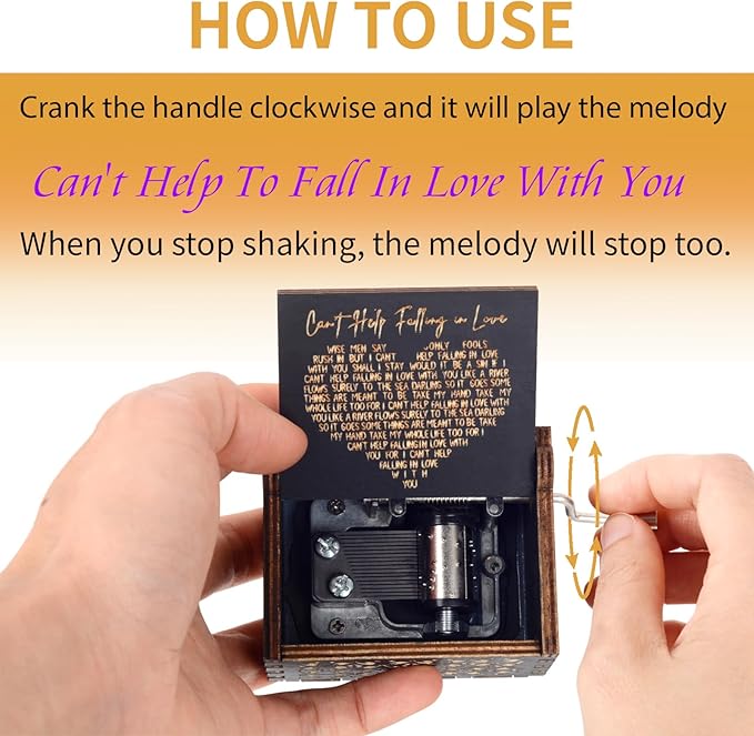 Music Box Romantic Valentines Day Gift for Her Him, Antique Laser Engraved I Can't Help to Falling in Love with You Hand Cranked Musical Box for Women Wedding,Anniversary,Birthday