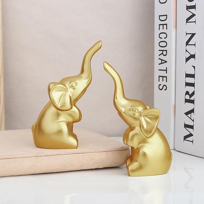 DUQGUHO Mini Gold Elephant Gifts for Women, Modern Style Small Golden Animal Statue, 2PCS Elephant Decor for Desk Shelves 3.5Inch
