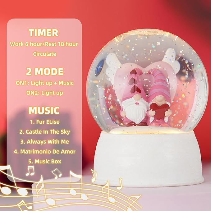 Valentines Day Decor Musical Gnomes Snow Globe, Couple Gnomes Lighted Snow Globe with 6H Timer, USB/Battery Operated, Birthday Wedding Valentine's Day Gifts for Women