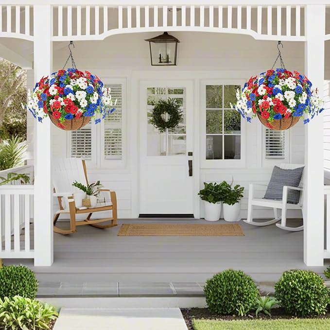Hananona 2 Set Artificial Outdoor Flowers with Hanging Basket, 2 Hanging Planters with 24 Pcs Flowers for Summer Front Porch Garden Patio 4th of July Home Decor (2, Red, White, Blue)