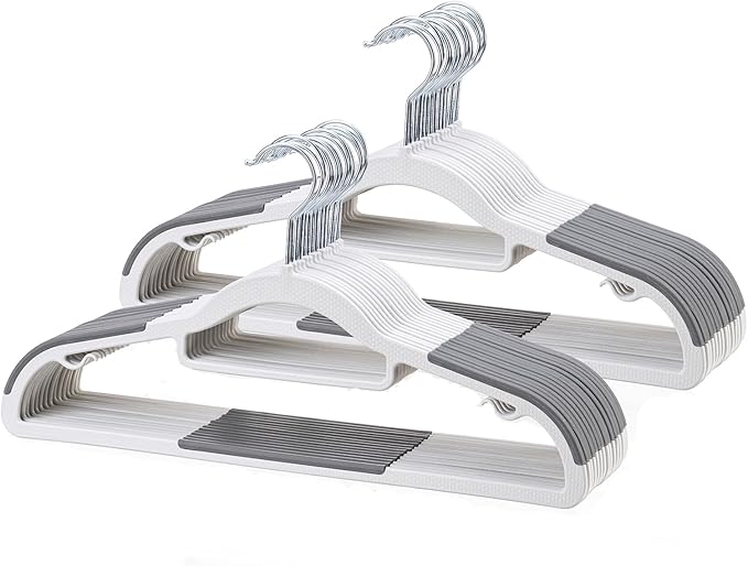 Coat Hangers 30 Pack, Plastic Clothes Hangers Non Slip with Rubber Grip, Heavy Duty Hanger with 360° Swivel Metal Hook, Ultra Thin Hangers Space Saving for Closet Organizer, White and Dark Gray