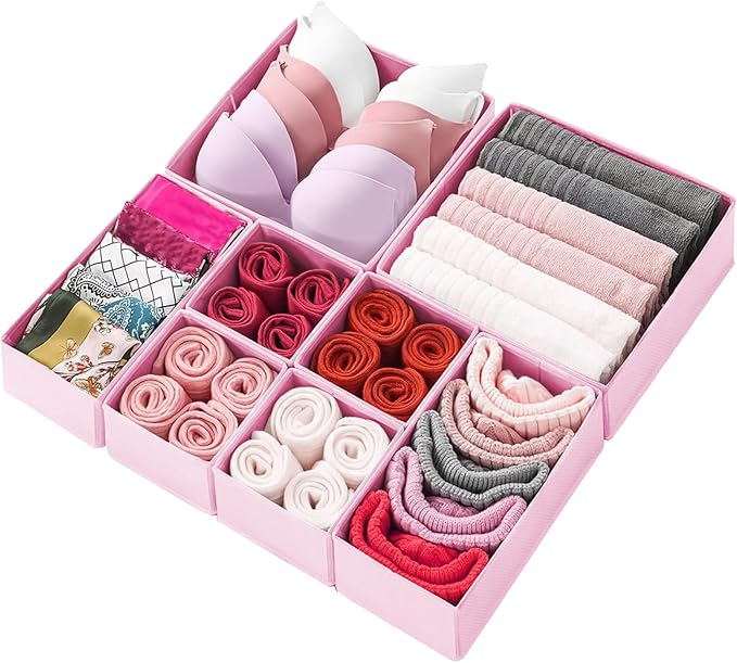 Drawer Organizer Clothes 8 Pack Clothes Organizer Dresser Drawer Organizers for Socks Underwears Bras Foldable Closet Organizers and Storage Fabric Storage Dividers for Nursery Bedroom, Pink