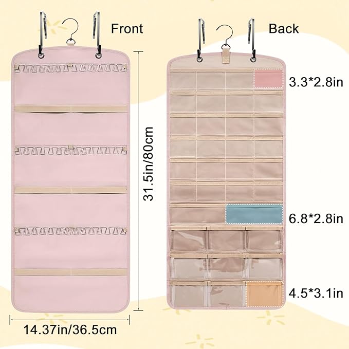 Wome Over the Door Jewelry Organizer Hanging: Double-Sided Storage with 28 Small 2 Large 9 Medium Pockets for Earrings Necklaces Rings Durable Polyester for Door or Closet or Wall or Glass (pink)