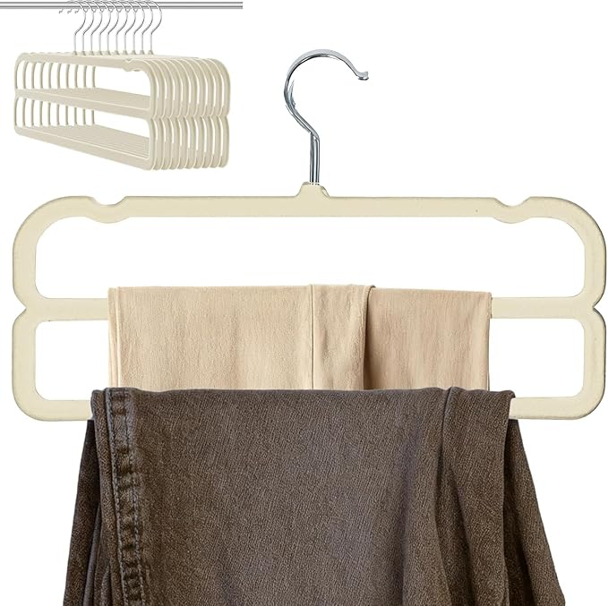 VSV stoage Velvet Pants Hangers with Double Non Slip Bar - Multiple Velvet Hangers for Closet - Thin Space Saving Clothes Hanger - 360° Swivel Felt Trouser Hanger Perchas Terciopelo 10 Pack (Beige)