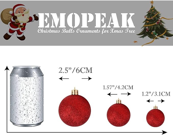 Emopeak 24Pcs Christmas Balls Ornaments for Xmas Christmas Tree - 4 Style Shatterproof Christmas Tree Decorations Hanging Ball for Holiday Wedding Party Decoration (Red, 2.4"/6.2CM)