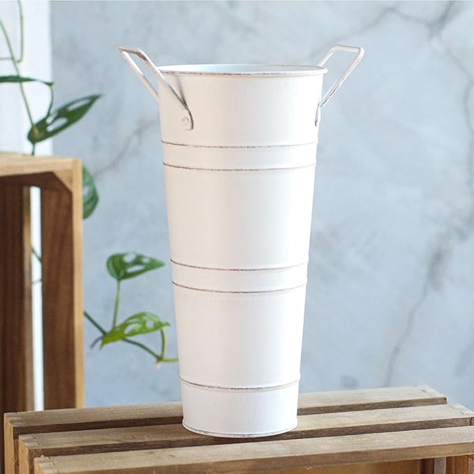 Umbrella Stand Holder Metal Umbrella Bucket Freestanding Umbrella Rack Barrel Canes Walking Sticks Clubs Organizer Rustic Floral Bucket Floor Vase for Entryway Porch Indoor (White)