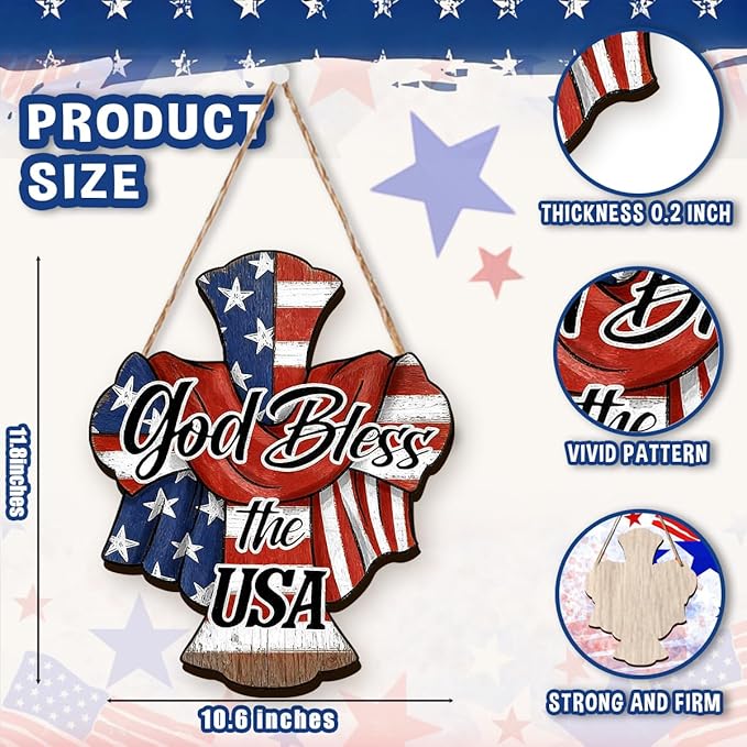 Wooden 4th of July Decorations Patriotic Cross Wreath Independence Day Decorations Front Door with god Bless America Sign Welcome Memorial Day Hanging for Home Wall Decor Outdoor Indoor