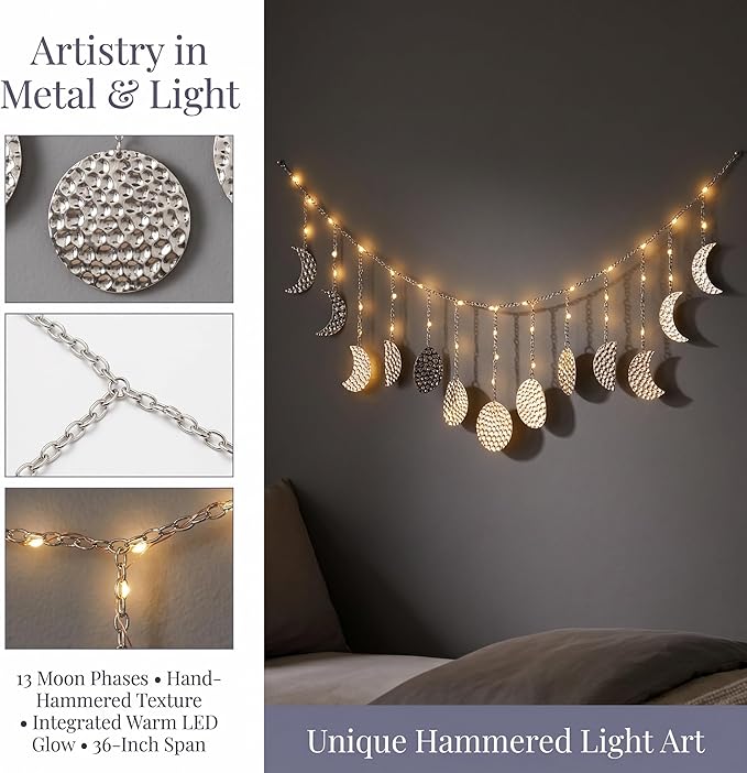 Boho Moon Phase Wall Hanging, Silver Hammered Metal LED Celestial Garland for Bedroom Witchy Home Christmas Decor