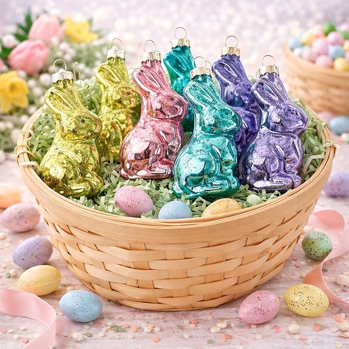 Lillian Vernon Bunny Blown Glass Easter Ornaments - Handcrafted Hanging Tree Decorations, Easter Bunny Holiday & Party Decor, 2.75 in, Assorted, 12-Piece Set