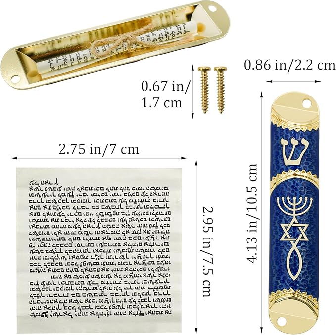 Mezuzah with Scroll for Door, Metal Mezuzah Case with Messianic Seal for Hebrew Home Blessing, Jewish Gifts, Jewish House Warming Decor, Christmas, Easter (Blue)