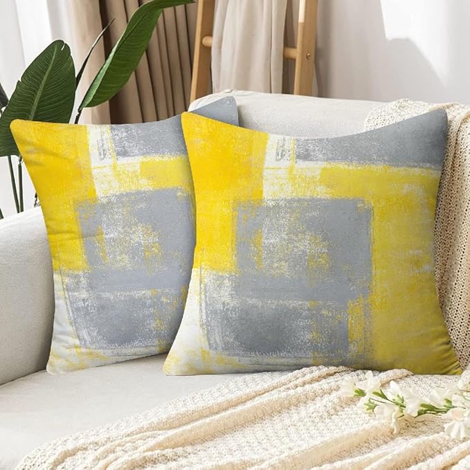 Yellow Abstract Art Artwork Pillow Cover, Gallery Modern Decorative Throw Pillows Cushion Cover for Bedroom Sofa Living Room 22 x 22 Inch Set of 2