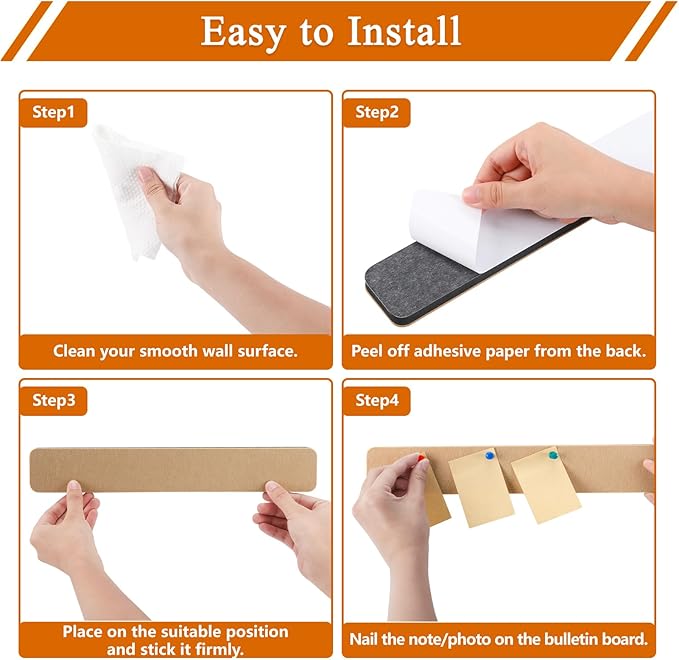 8Pcs Rectangle Felt Cork Board Bar Strips with 35 Pushpins, Self-Adhesive Bulletin Board Strips for Office School Home Wall Decor Stickers Memos Schedules Photos Display -Gradual Brown