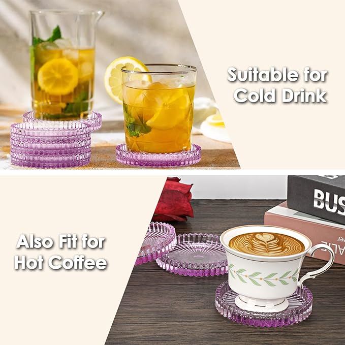 Modern Clear Coaster Set of 5- Glass Coasters for Drinks Crystal Coaster Round Cup Coasters Coffee Table Decor for Office, Kitchen, Bar, Dining Room, Living Room, Patio(Clear Purple)