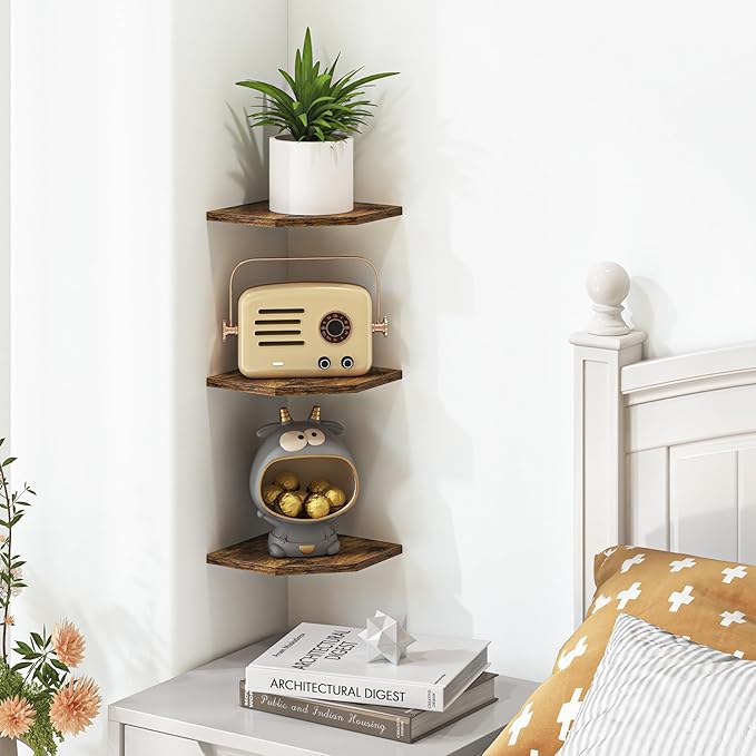Fun Memories Corner Shelf Wall Mount, Floating Corner Shelves, Set of 3 Corner Wall Shelf Organizer, Rustic Wood Wall Storage Display Shelves for Living Room Bedroom Bathroom Kitchen, Rustic Brown