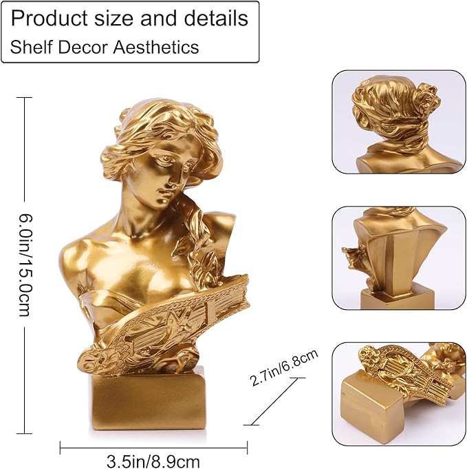 LCCCK 6" H Gold Aphrodite Statue Sculpture, Resin Greek Mythology Bust Statue, for Coquette Room Decor, Dark Academia Room Decor, Bookshelves, Shelves, Partition, Coffee Table Centerpiece