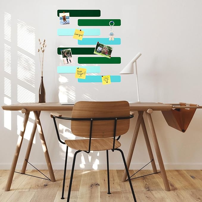 8Pcs Rectangle Felt Cork Board Bar Strips with 35 Pushpins, Self-Adhesive Bulletin Board Strips for Office School Home Wall Decor Stickers Memos Schedules Photos Display -Gradual Green
