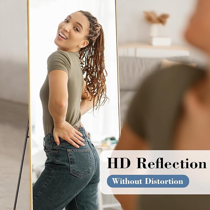 DUMOS 56"x21" Full Length Mirror, Full Body Mirror with Aluminum Alloy Thin Frame, Standing Mirrors with Leaning or Hanging, Suitable for Bedroom, Livingroom, Cloakroom, Gold