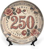 250th Anniversary Decorative Plates 10 Inch Vintage Floral Patriotic Decorations Commemorative Plates with Stand Semiquincentennial 4th of July Veterans Day Home & Office