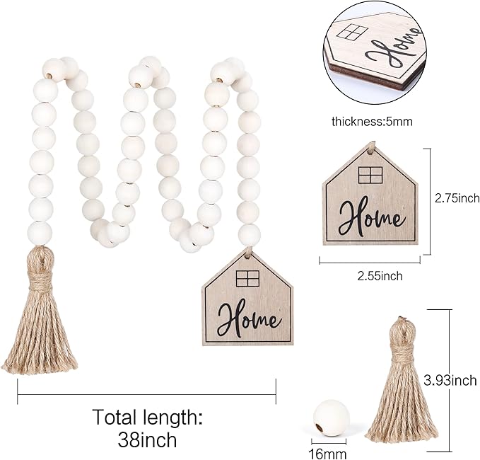 Meplait Home Wooden Bead Garland with Tassel, Decorative Beads Home Decor Farmhouse Tassel Garland Boho Decor for Tiered Tray（38in）