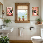 Framed Funny Bathroom Black Cat Canvas Wall Art Set of 2, Cute Cat Reading Newspaper on Toilet Pictures Wall Decor, Humor Animal in Bathtub Paintings Prints for Restroom 16x24 inch