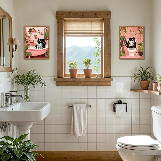 Framed Funny Bathroom Black Cat Canvas Wall Art Set of 2, Cute Cat Reading Newspaper on Toilet Pictures Wall Decor, Humor Animal in Bathtub Paintings Prints for Restroom 16x24 inch