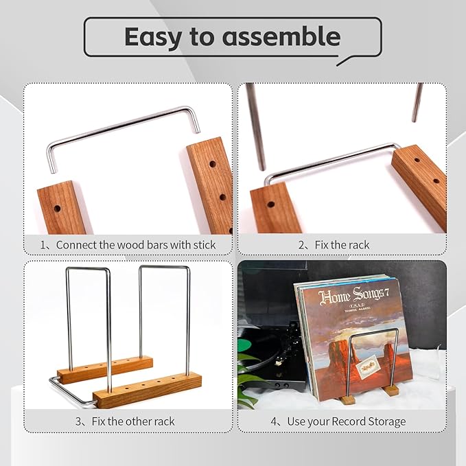 40 LP Vinyl Record Storage Solid Cherry Wood Record Holder Vinyl Record Holder Record Display For Albums Vinyl Holder & Vinyl Stand (Stainless Steel)