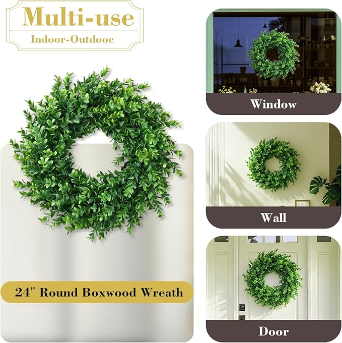 24" Faux Large Preserved Boxwood Wreath - Waterproof Spring & Summer Greenery Floral Wreath for Front Door, Porch, Farmhouse, Wall, Window - Indoor & Outdoor All Seasons Hanging Home Décor