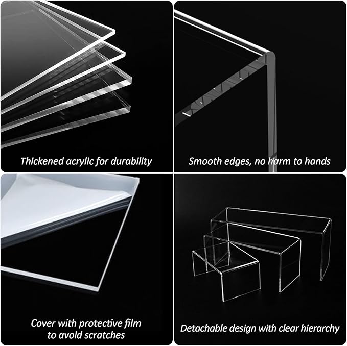 Sezanrpt Acrylic Display Risers 6pcs, Clear Rectangular Display Organizer Stands, Acrylic Display for Funko Pop Figure, Desserts, Cupcake, Toys, Collectibles, Merchandises - 7.5''x8''x8.5''x9''x9.5''x10''