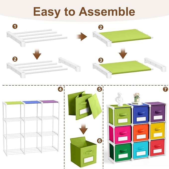Geelin 9 Cube Toys Storage Organizer with Fabric Bins and Labels, 11 Inch Collapsible Cubby Storage Drawers Colorful Dresser with Shelf for Playroom Nursery Closet Bedroom Dorm Decor
