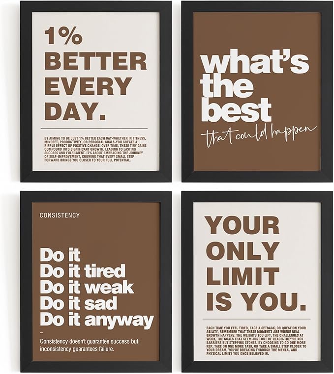 DSHFG Motivational Inspirational Office Wall Art Decor Prints Set of 4, Black Motivational Wall Decor Trendy Retro Posters for Office Home Decor, 8x10 Unframed (Brown)