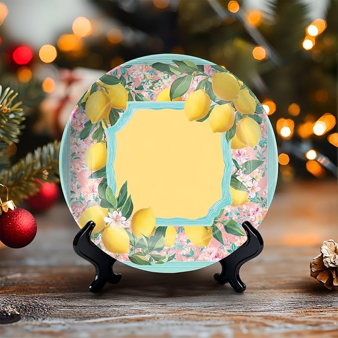 HABEN ARTWORK 10" Ceramic Plates for Display Lemon Floral Botanical Frame Pastel Colors Decorative Plate with Stand and Hook for Kitchen Dining Room Wall Hanging Decor